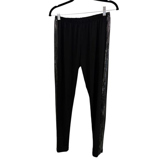 LBISSE Black Slinky Pants With Silver Details Down Sides L Tuxedo Pant Style NEW - Picture 3 of 10